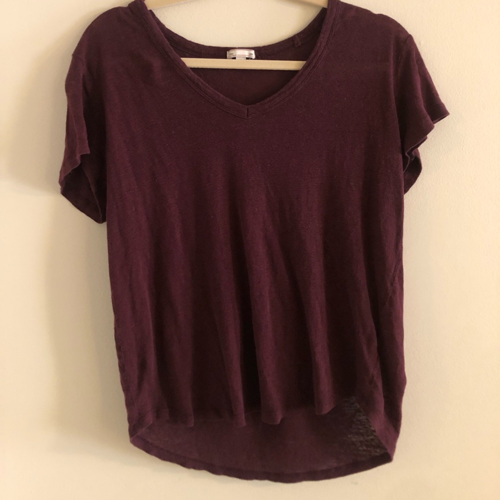 Maroon linen and cotton blend v neck t shirt